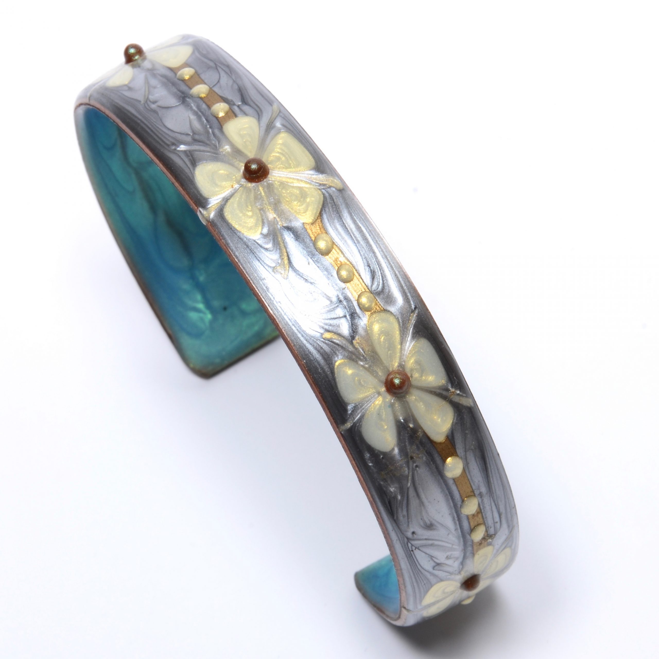 Ava Austin – Adjustable Copper Cuff – Silver with Ivory Flowers