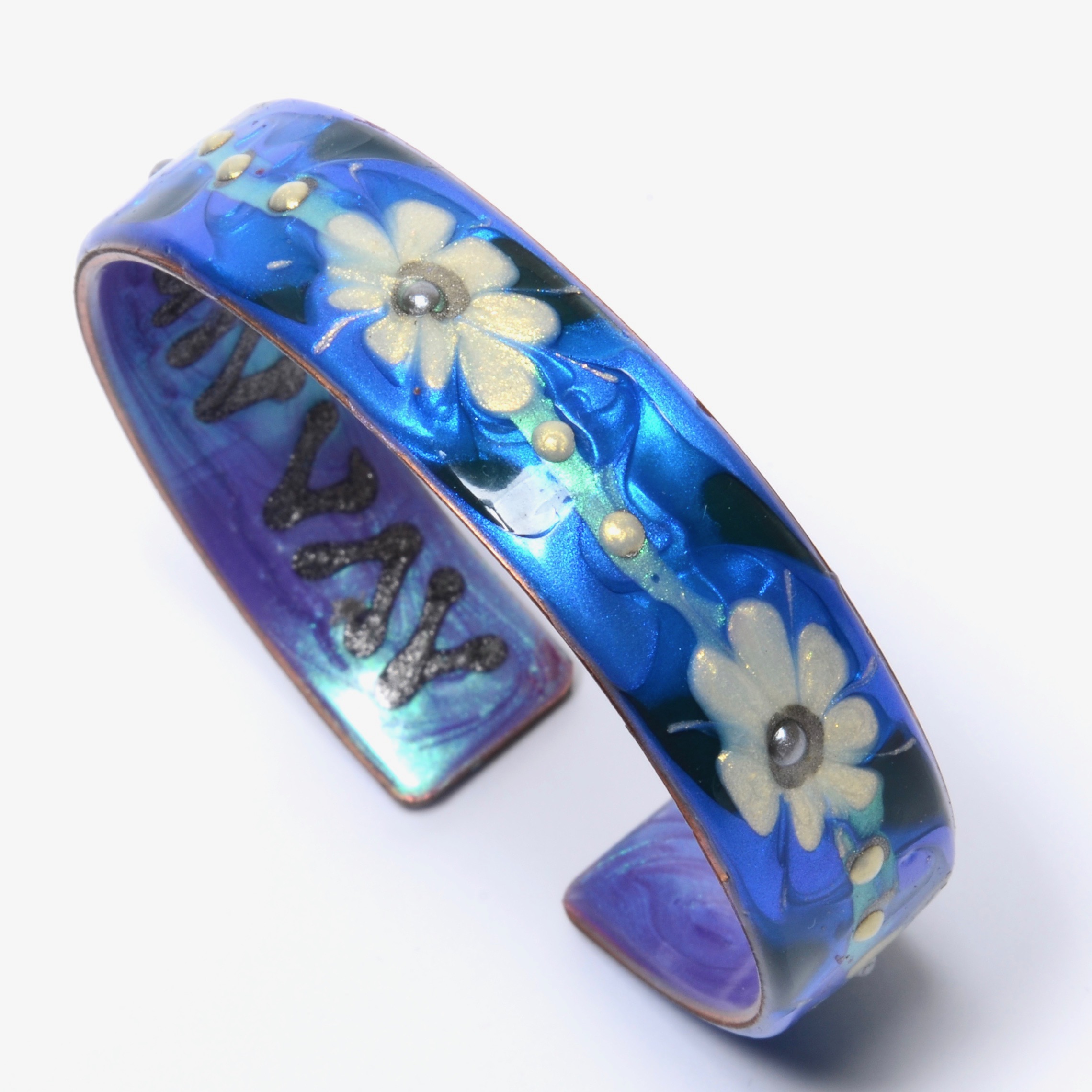 Ava Austin – Adjustable Copper Cuff – Periwinkle with Ivory Flowers
