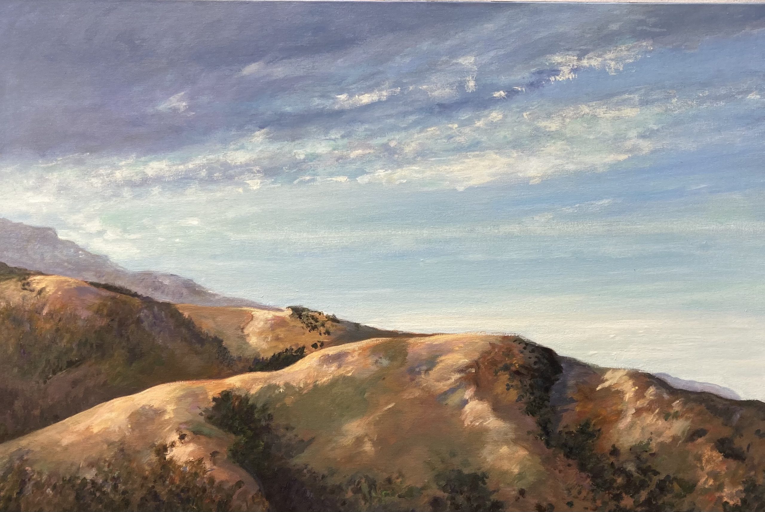 oil on canvas, beautiful golden hills beneath cloudy sky