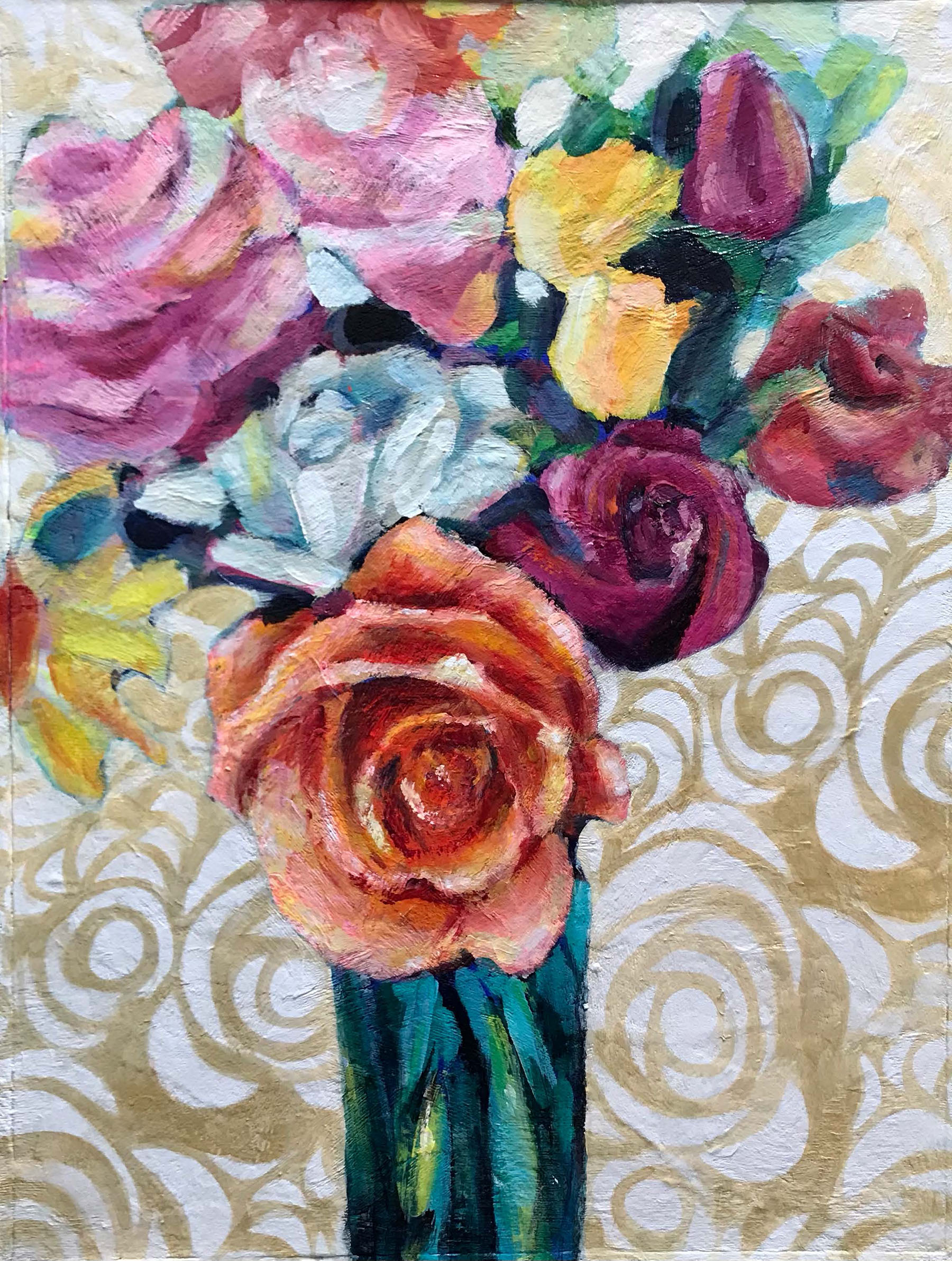 Acrylic painting of red, yellow and pink roses