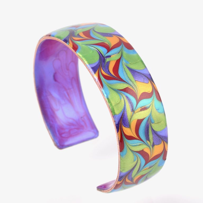 Ava Austin Copper Cuff - abstract leaves design in colors of the rainbow. Copper cuff enameled with artist's proprietary technique, fully adjustable and waterproof.