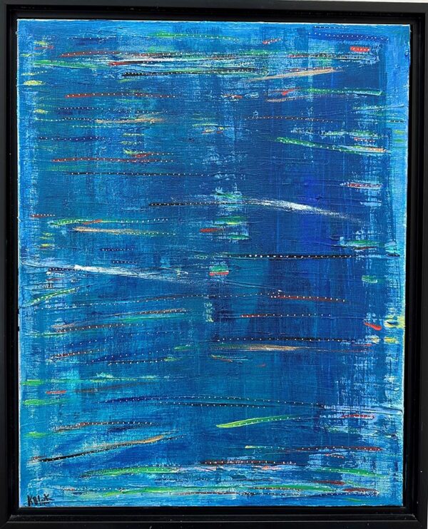 Kate E Black Sea Streams abstract painting in blues with green lines