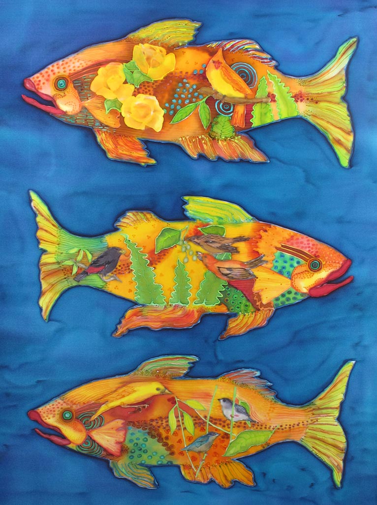 Lorraine Chapman painting on silk of yellow varigated fish on blue background