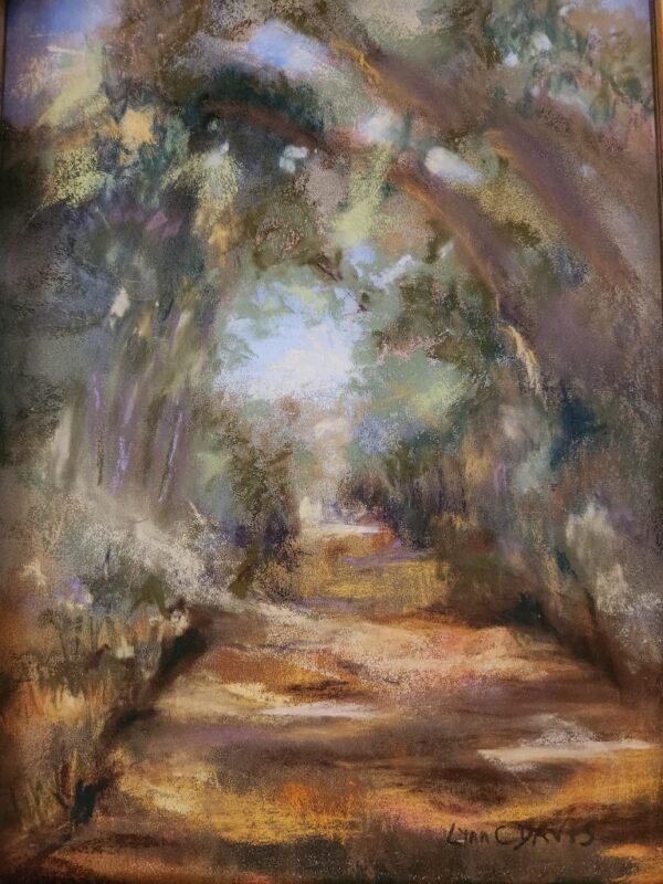 Lynn C Davis pastel landscape of shaded path at Spring Lake. Browns, golds and blues
