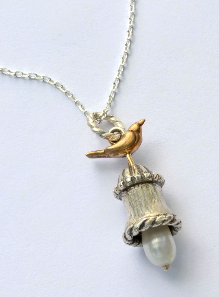 Jane Garibaldi bird and bell pendant, sterling silver and pearl