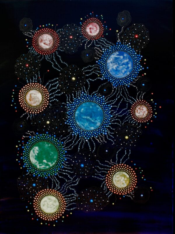 Joel Hoyer painting, intricate abstract design in Egg-tempera, copper leaf on gessoed panel, black background blue & various colored circles
