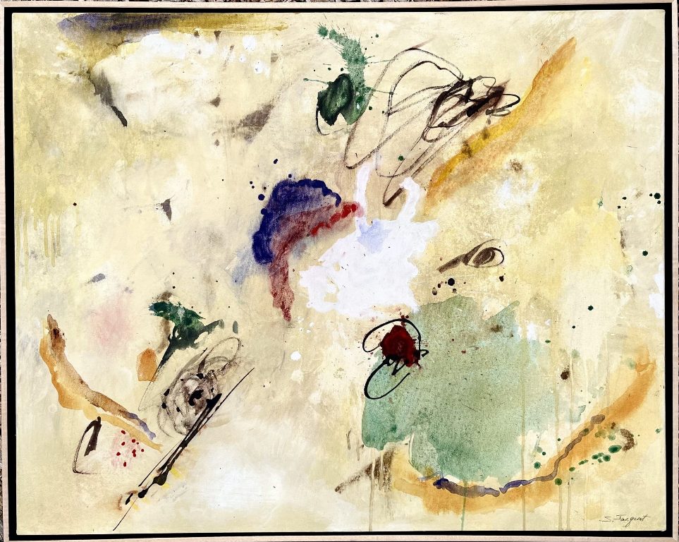 Suzanne Jacquot abstract painting on canvas, tans, greens, red and yellow