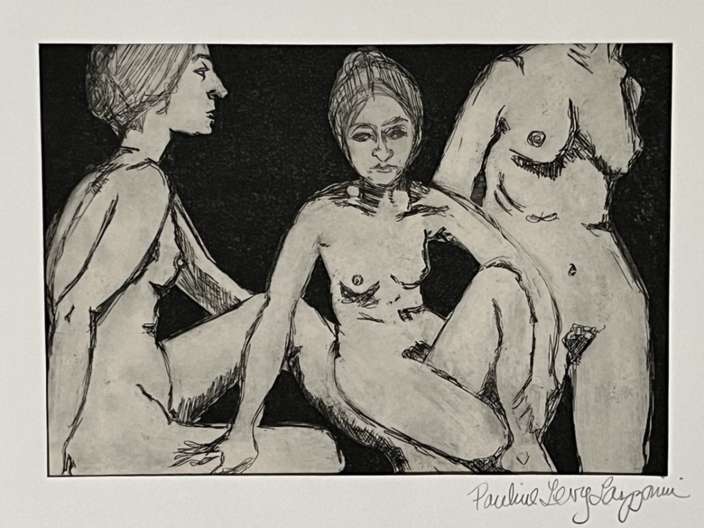 Pauline Lazzarini black and grey etching of a nude woman, three views