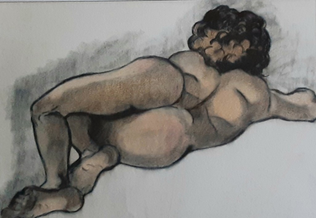 Pauline Lazzarini male nude print made from charcoal drawing, hand painted