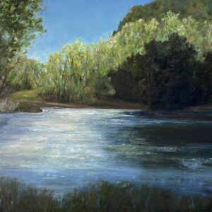 Barbara Medaille beautiful landscape oil painting near Sonoma Mountain blues and greens with water and trees
