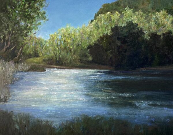 Barbara Medaille beautiful landscape oil painting near Sonoma Mountain blues and greens with water and trees