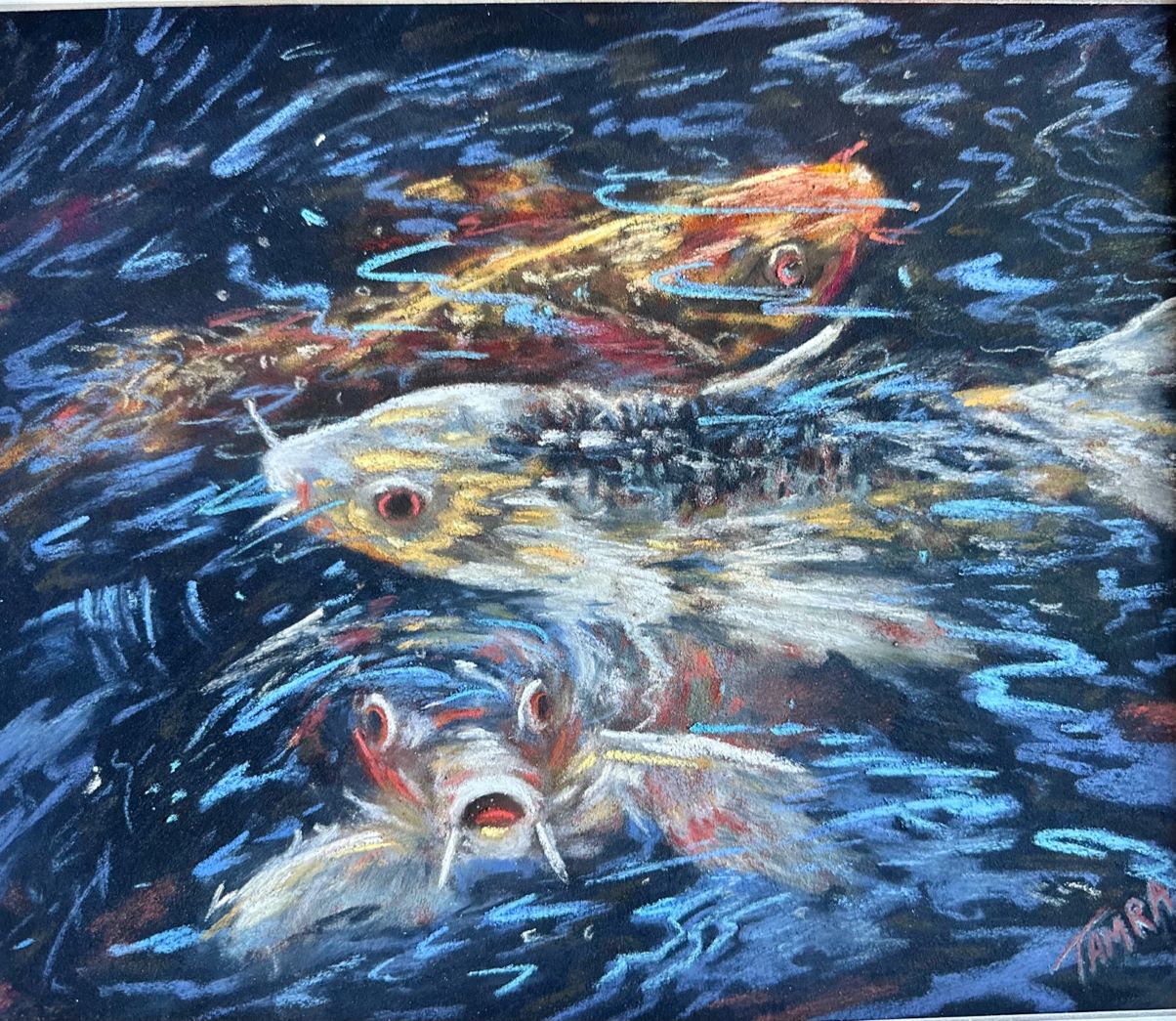 Tamra Sanchez painting of three colorful koi fish in water