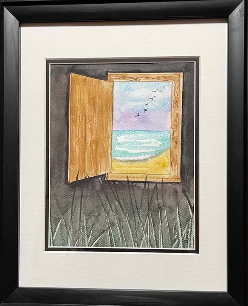 Andra Sandberg watercolor painting of open window viewing outside world
