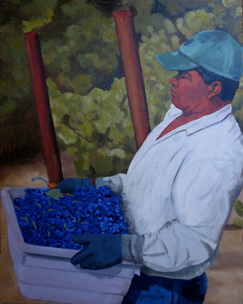 Donna Schaffer original oil painting of vineyard worker carrying grapes