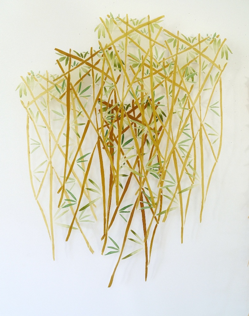 Joy Stocksdale Six printed silk, stiffened and cut panels attached to u-shaped plastic mountings which come with the piece