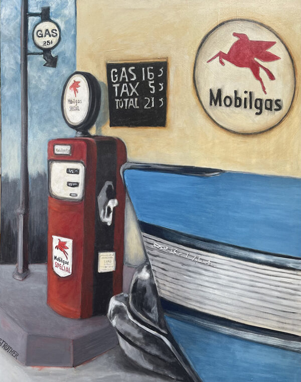 Paula Stother acrylic painting on canvas of historic Mobil Gas pump