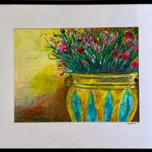 Lee Weisman colorful vase on yellow background. Oil pastel painting.