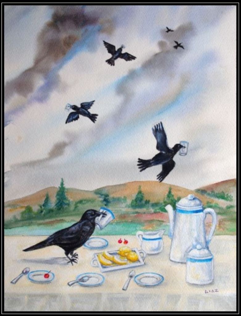 Rosa Diaz-Serrano black birds at a tea party