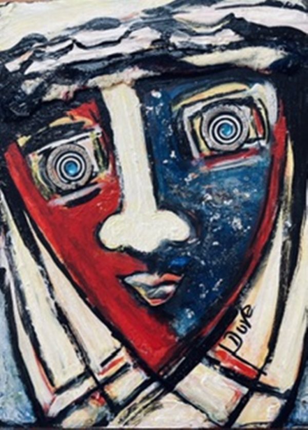 Linda Dove-Pierson mixed media, triangular-shaped face red, white and blue