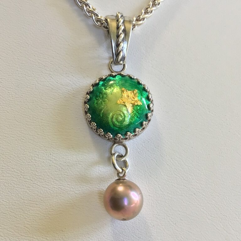 Anita Selinger necklace Original vitreous enamel, sterling, cultured pearl, 24k gold