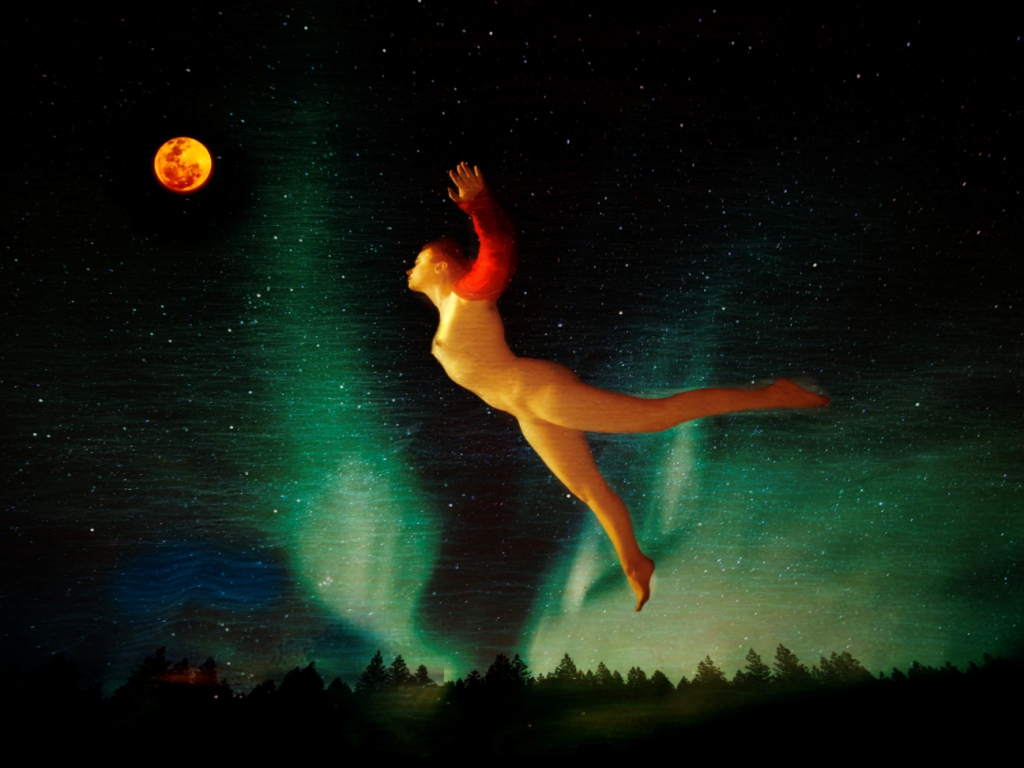Don Van Amerongen flying figure against black & green background