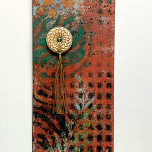 Margaret Bolt's "Peaceful Moments" Fabric monoprint wallhanging with carved bone disk and gold hassle