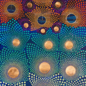 Joel Hoyer's Mixed media 2D: egg-tempera, copper leaf on gessoed panel in blues, browns, and golds
