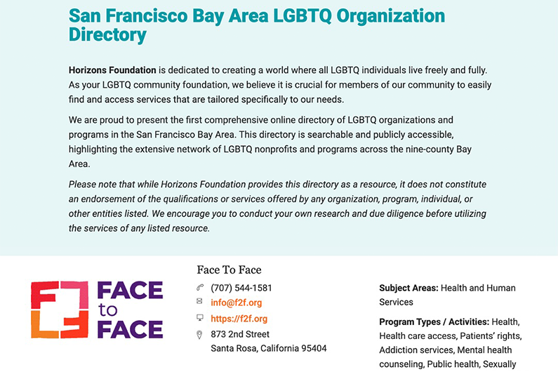 Face to Face Featured in Bay Area LGBTQ Organization Directory