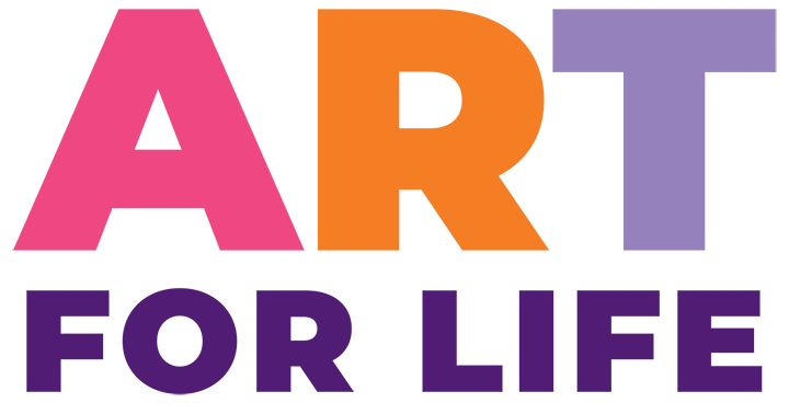 Art for Life logo - text in pink, orange, lavender and purple