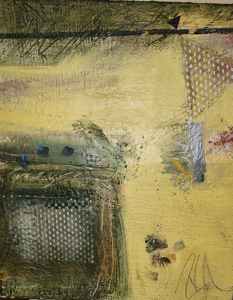 Roberta Alexander's Blue Highlight, encaustic collage in muted golds, greys with a blue highlighted image.