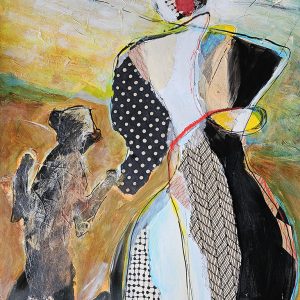 Lorna Ho's Cat Dancing. Mixed media collage on paper. Impressionistic human figure dancing with impressionistic cat. Black, white, golds, greys and a splash of red.