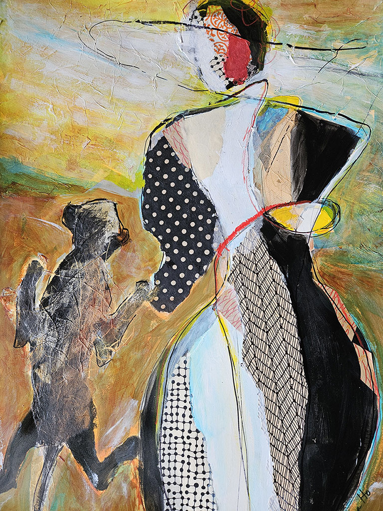 Lorna Ho's Cat Dancing. Mixed media collage on paper. Impressionistic human figure dancing with impressionistic cat. Black, white, golds, greys and a splash of red.