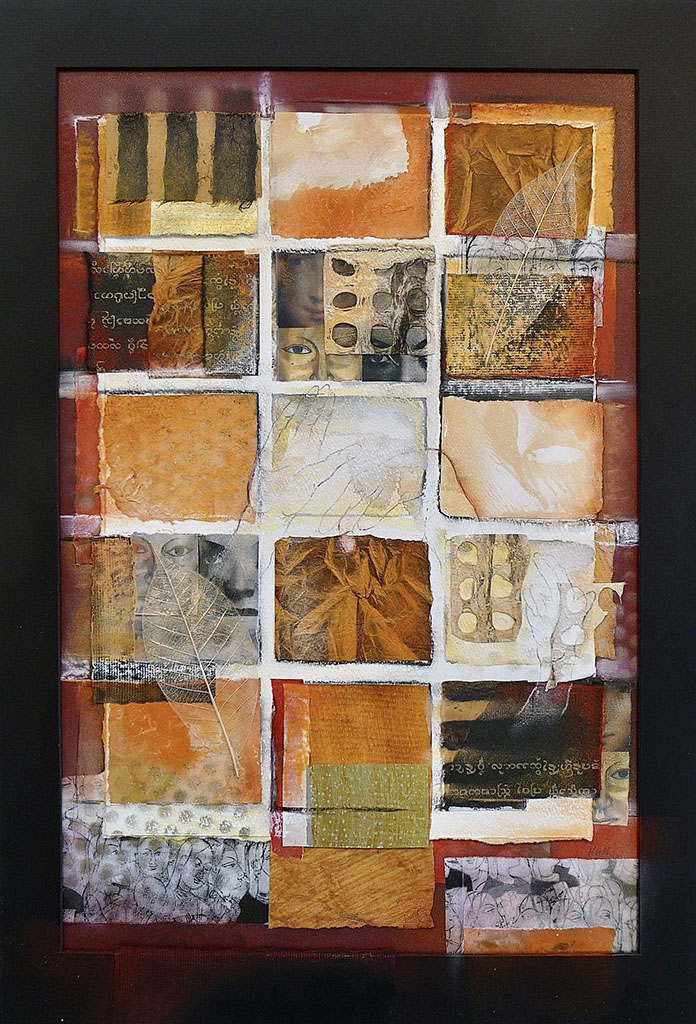 Gerald Huth's Masks of Dawn - mixed media collage of different textured papers in oranges, browns and white
