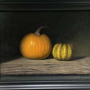 Gary Martin oil on panel. Rich orange pumpkin with yellow squash