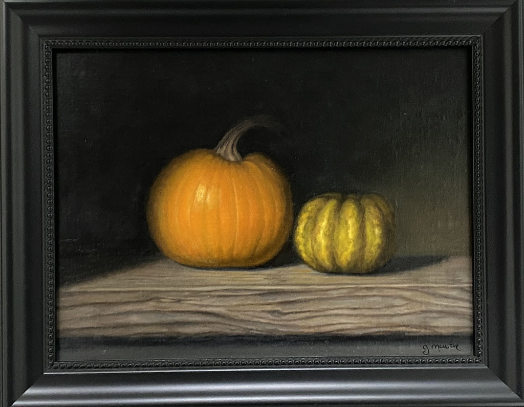 Gary Martin oil on panel. Rich orange pumpkin with yellow squash