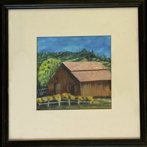 Marinka Solman's Country Charm Barn. Watercolor of Sonoma County barn in browns, green hills and blue sky.
