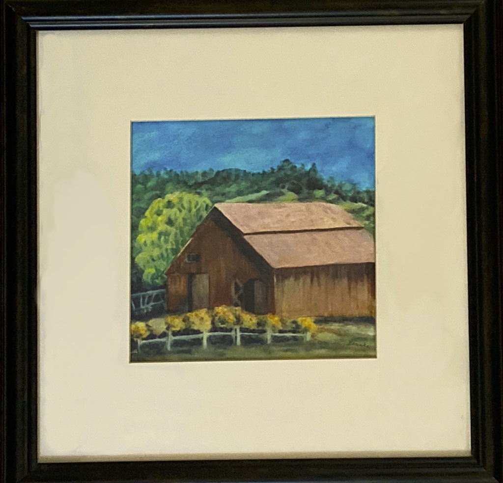 Marinka Solman's Country Charm Barn. Watercolor of Sonoma County barn in browns, green hills and blue sky.