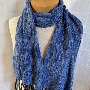 Abby Bard's handwoven scarf in blues with a touch of metal yarn to shine