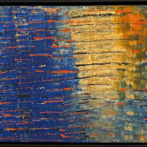 Kate Black's abstract painting with vertical shading in blues, golds and a touch of red