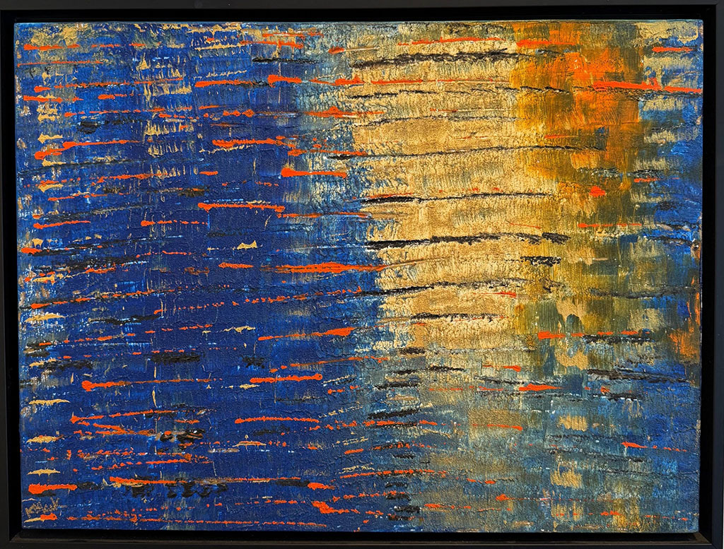 Kate Black's abstract painting with vertical shading in blues, golds and a touch of red