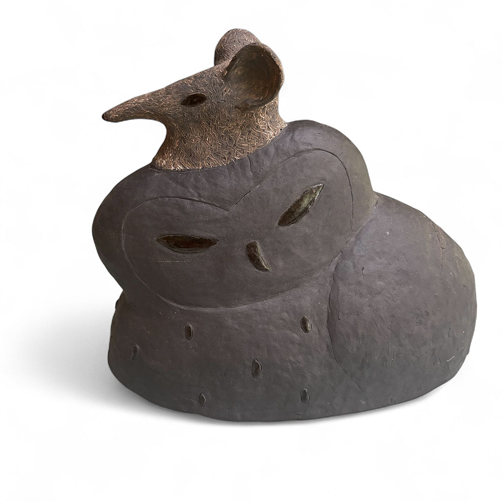 Marguerite Brennan's Black stoneware piece depicting animal opposites, i.e. prey and preyed upon, uniting.