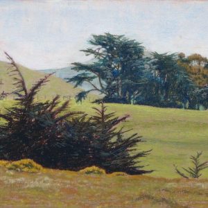Tim Brody's giclee print of original paste. Landscape of bushes in foreground, trees in background on sloped green meadow.