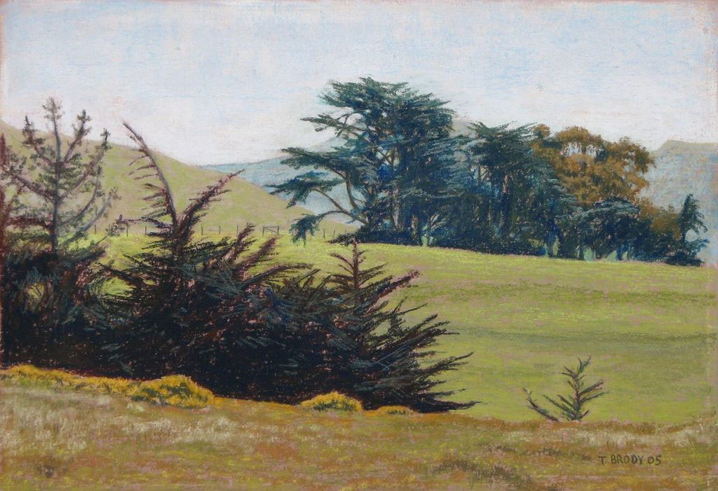 Tim Brody's giclee print of original paste. Landscape of bushes in foreground, trees in background on sloped green meadow.