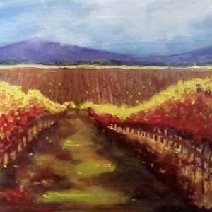 Andrea Cleall's autumn vineyard scene with golden grape vines against a cloudy blue sky with mountain in the distance