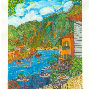 David Cohen's colorful print of drawing of Lake Como.