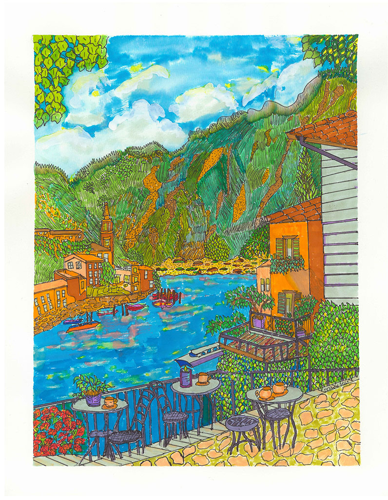 David Cohen's colorful print of drawing of Lake Como.