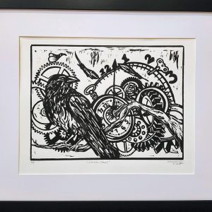 Kathleen Connors' linocut print of a bird amongst mechanical gears