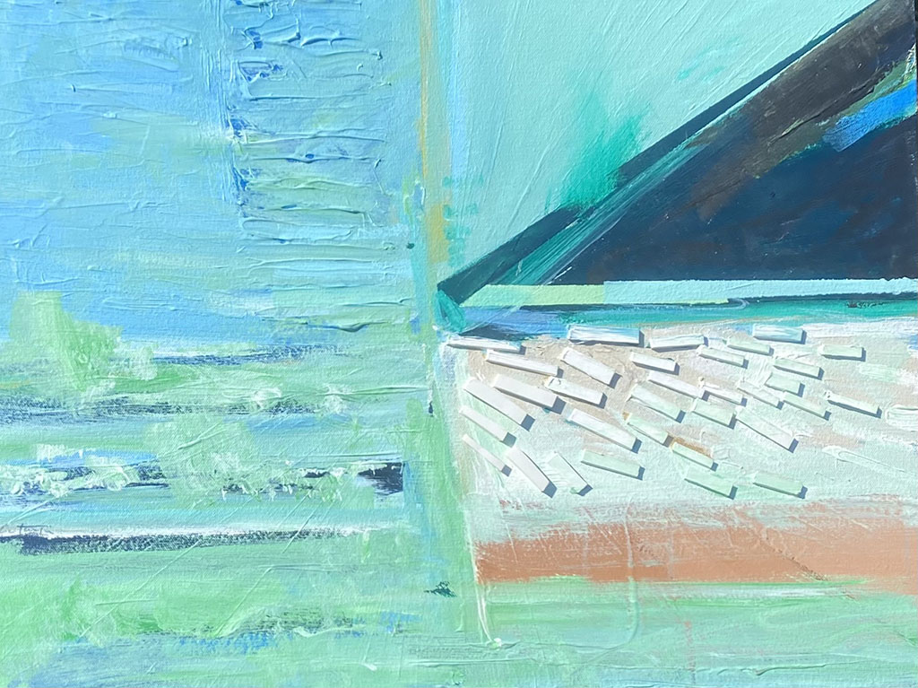 Michael Costantini's abstract painting with white rectangle and blue triangle. Shades of blue, green, gold and white included