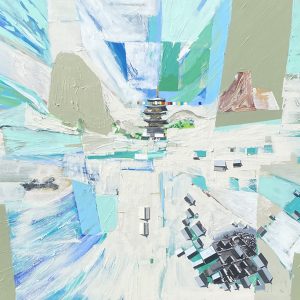 Michael Costantini's abstract painting acrylic and mixed mediums on canvas in blues, grey-greens and white