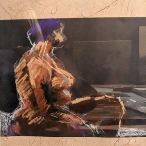Donna DeLaBriandais' pastel figure painting of a live model in browns, tans and deep brown hues